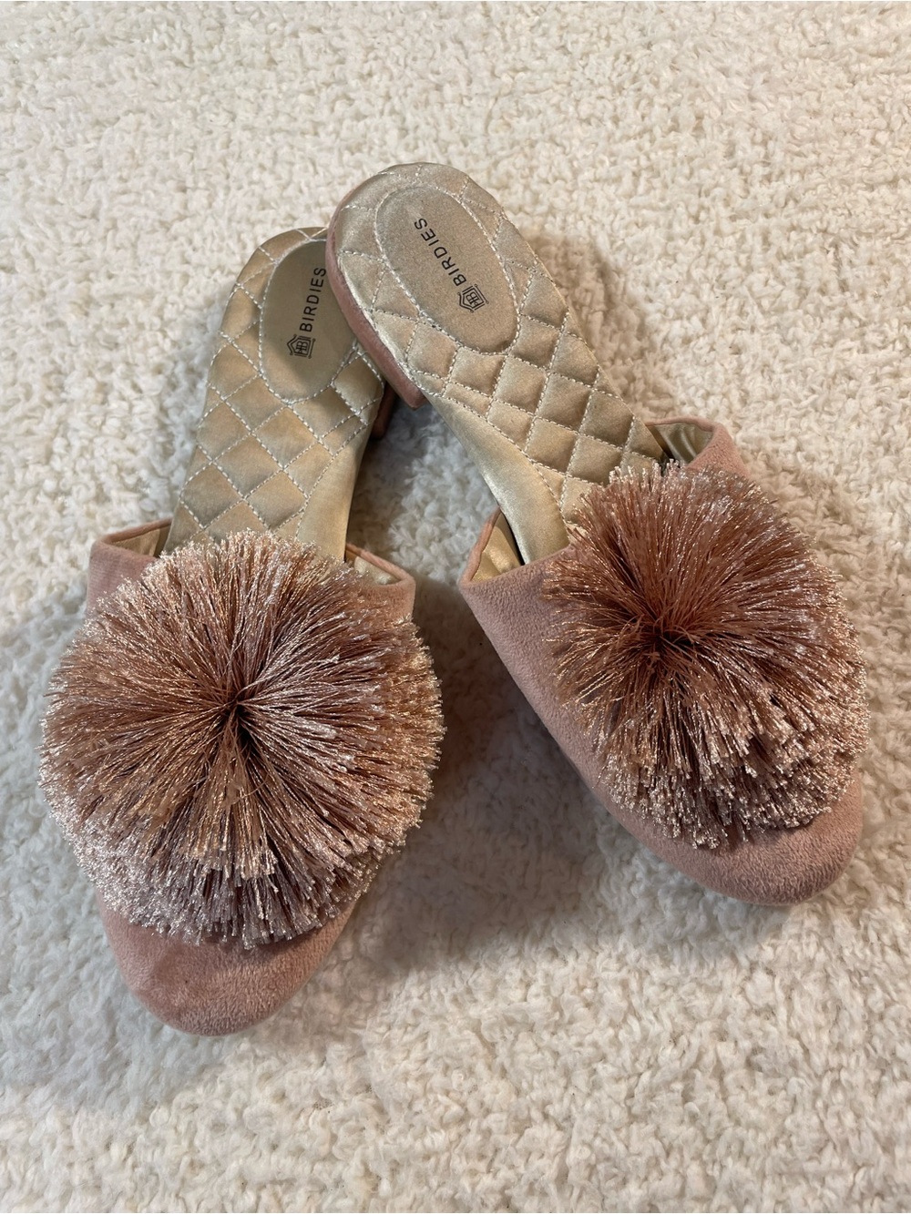 Birdies Songbird Mule Heels Blush Pink Velvet Pom Pom Women’s Size 8.5